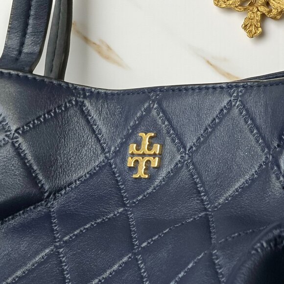 Tory Burch Georgia Quilted Leather Tote Navy Blue Slouchy Golden Hardware - Picture 8 of 17